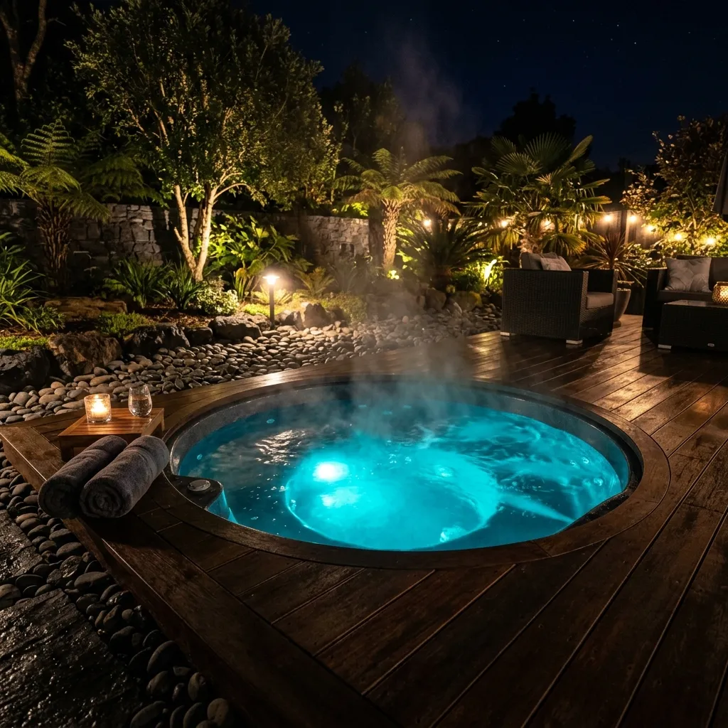 Spa aquecido e ofurô à noite com LED ciano