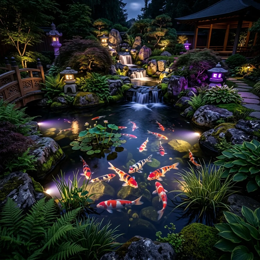 Lago ornamental de carpas com iluminação de LED